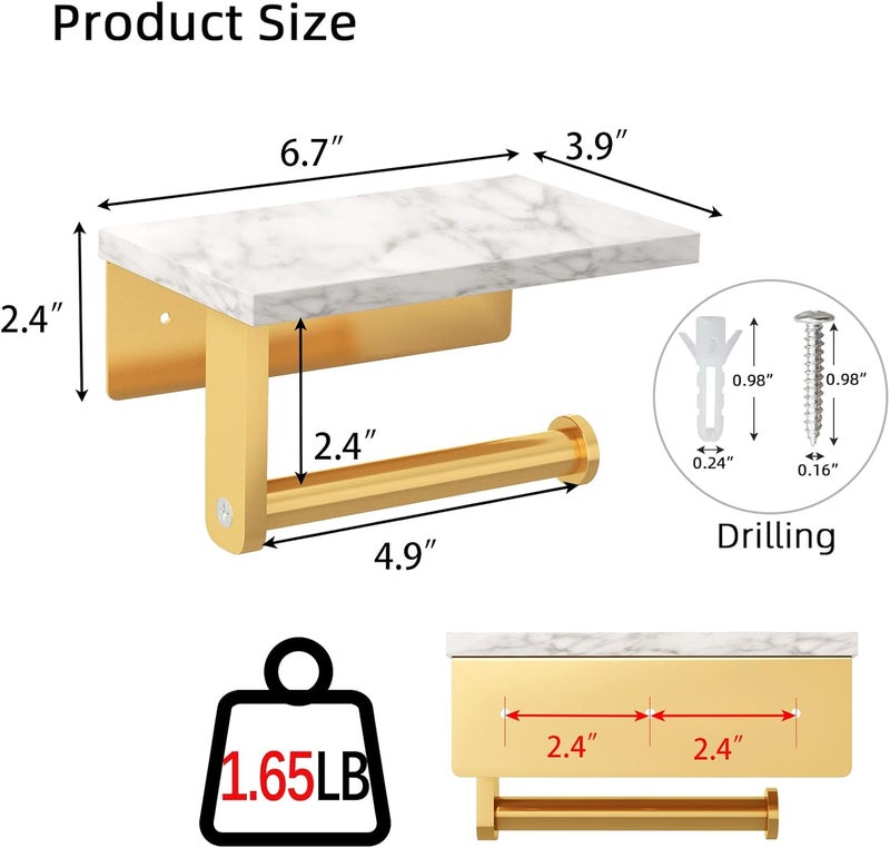 Gypie Brushed Gold Toilet Paper Holder with Natural Marble Shelf, 304 Stainless Steel Screw Wall Mounted, Tissue Roll Paper Holder Dispenser for Bathroom Washroom - Image 4